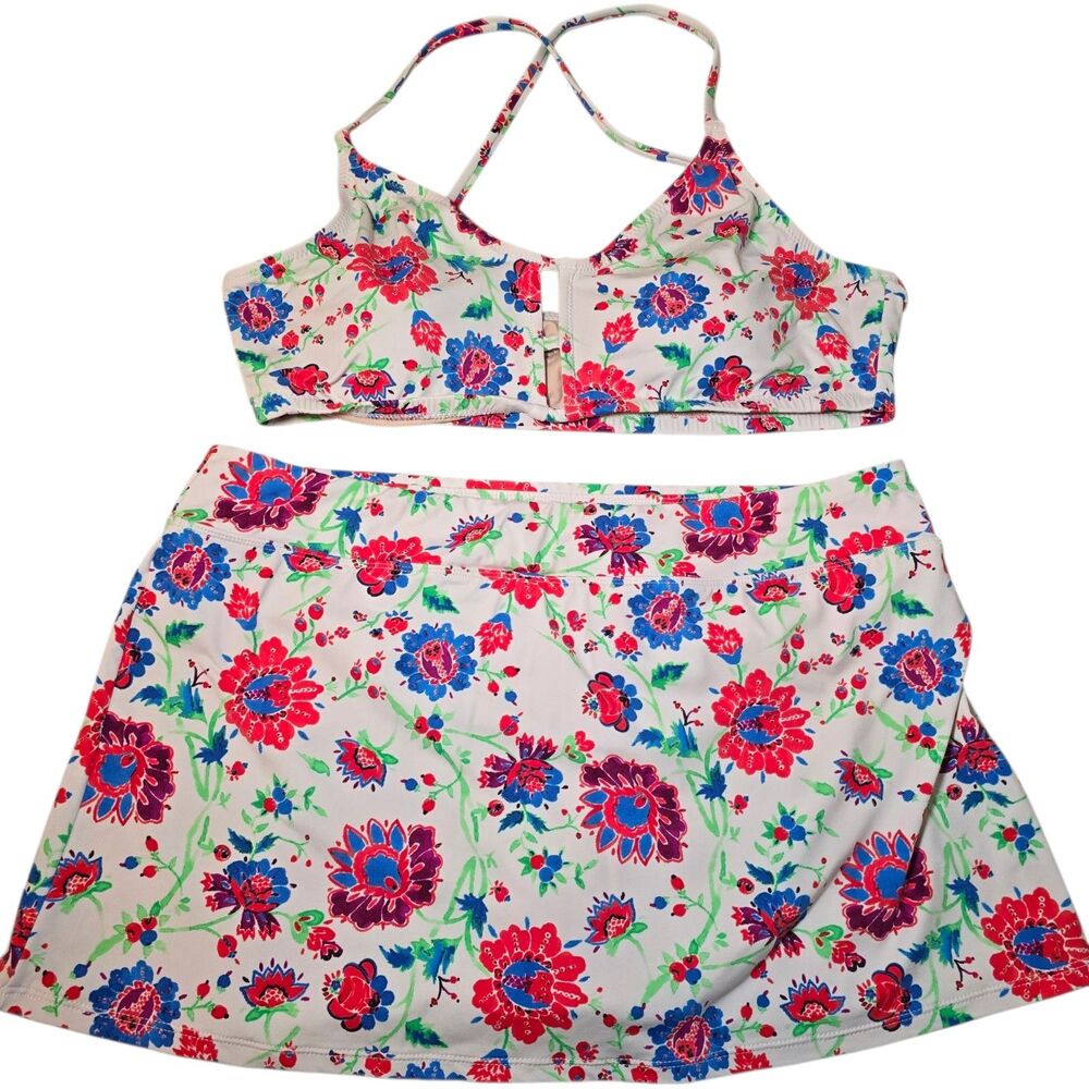 Garnet Hill Swimsuit Set Rash Guard & Bikini Women’s Floral White Red Sz 10/12